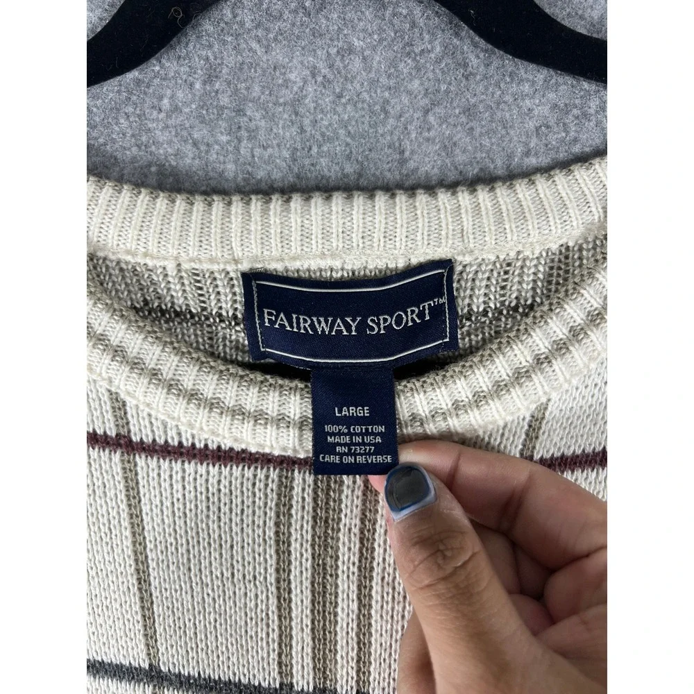 Fairway Sport Crewneck Sweater Mens Large Cream Plaid Cotton Knit Golf USA